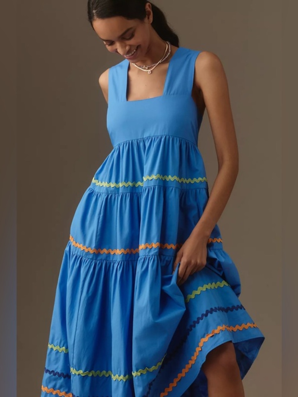 Anthropologie The Helena Square-Neck Tiered Midi Dress: Smocked Scallop Sz: S